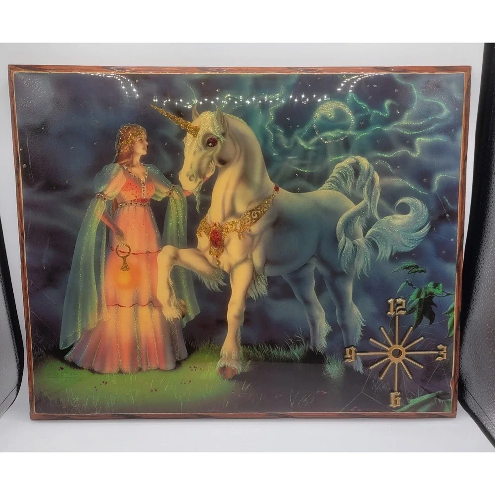 Vintage 1982 Sue Dawe Unicorn Fantasy Art Wood Plaque Glossy Glitter 80s Decor